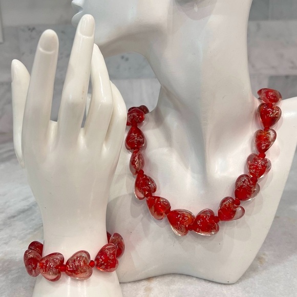 Red MURANO Style Millefiori Glass Bead Heart Necklace and Bracelet - Picture 1 of 9